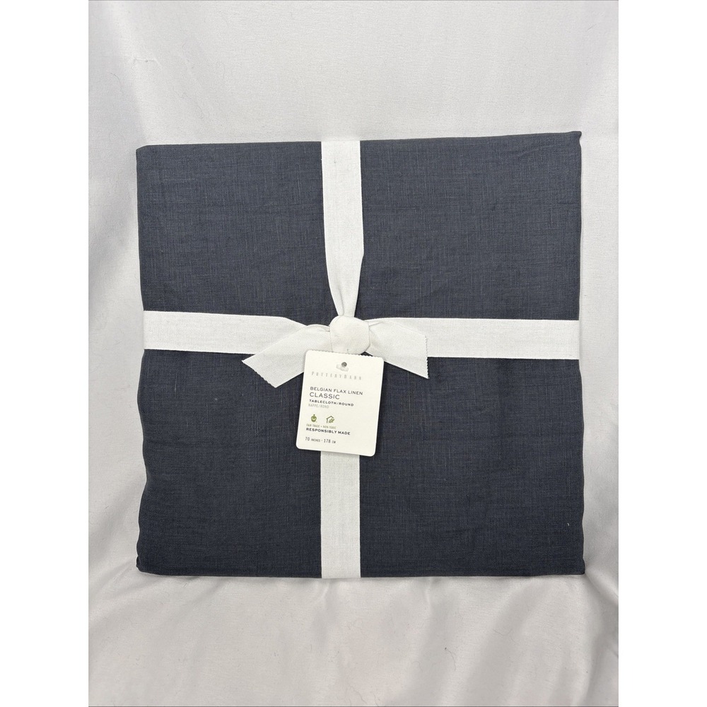 POTTERY BARN Belgian Flax linen Classic 70" Round Tablecloth Charcoal Gray NEW‎